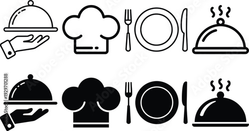 Assorted kitchen utensils and food items in a stylized black and white illustration