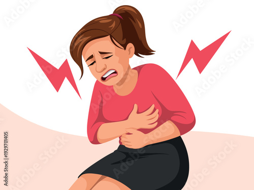 Woman experiencing stomach pain and discomfort with red lightning bolts