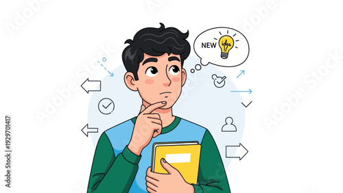 Young man thinking about a new idea with a lightbulb in a thought bubble