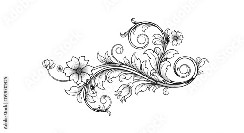 Elegant black and white floral decorative element with swirling vines and flowers.