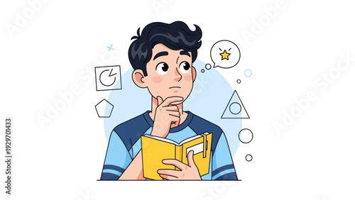 Young man pondering ideas while holding a book with thought bubbles