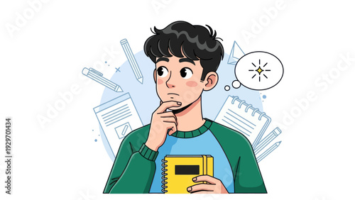Young man pondering ideas surrounded by notebooks and stationary illustration