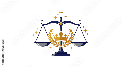 Golden scales of justice with crown and stars on white background.
