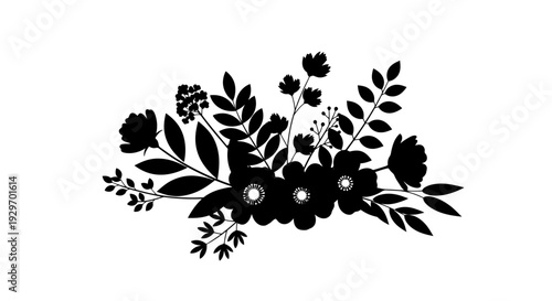 Black Silhouette of Flowers and Leaves Arrangement.