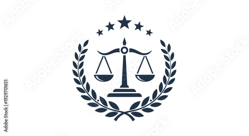 Justice scales surrounded by laurel wreath and stars symbolizing fairness and balance.