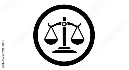 Black and white illustration of scales of justice symbol in a circle.