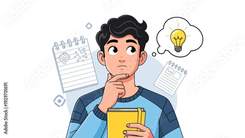 Young man pondering ideas with light bulb thought bubble and notebooks