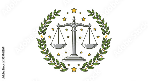 Symbol of Justice with Scales and Laurel Wreath.