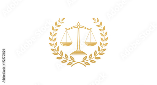 Golden scales of justice surrounded by laurel wreath on white background.