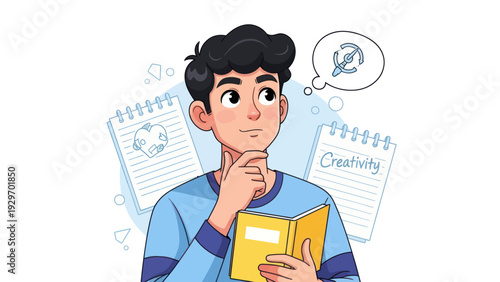 Young man pondering ideas with thought bubble and creative elements