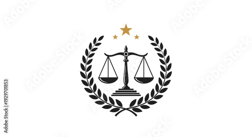 Black scales of justice surrounded by laurel wreath with stars.