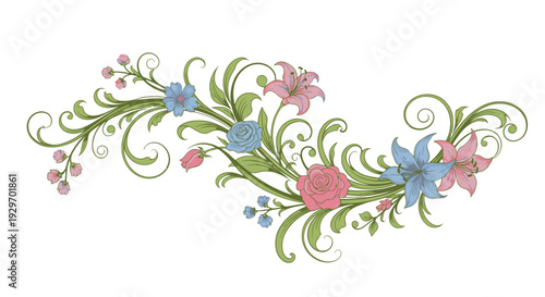 Floral decorative element with pink blue flowers and green leaves.