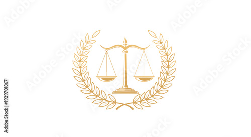 Golden scales of justice surrounded by laurel wreath symbolizing law and balance.
