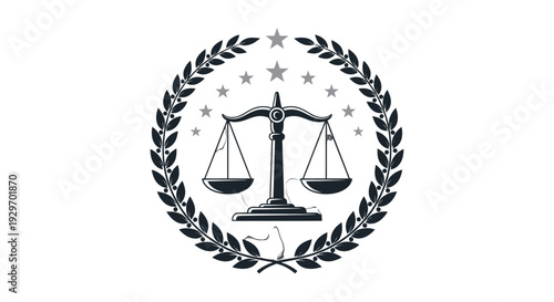 Black and white illustration of scales of justice surrounded by laurel wreath and stars.