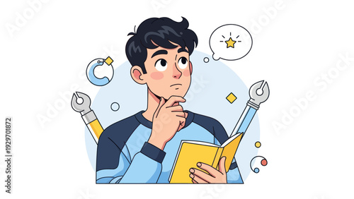 Young man pondering ideas with thought bubble and creative elements