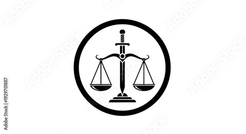 Black and white illustration of a scale of justice symbol.