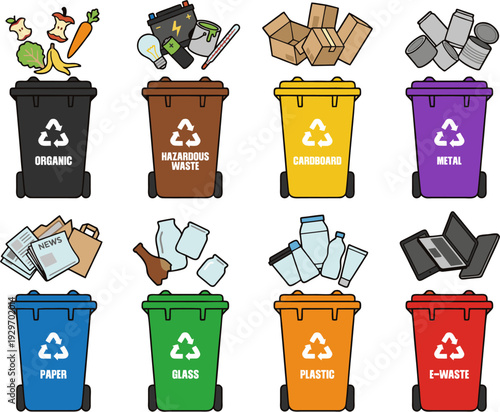 Colorful recycling bins for paper, plastic, glass, metal, and organic waste arranged neatly for proper disposal and sustainability efforts