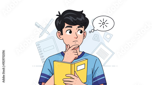 Young man pondering a book with thought bubble illustration concept