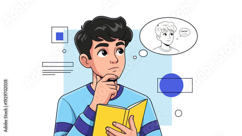 Young man pondering a book with thought bubble illustration concept