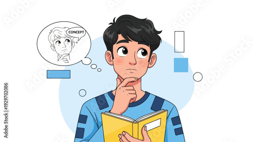 Young man pondering ideas with thought bubble concept illustration