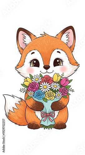 Cute cartoon fox with colorful bouquet.