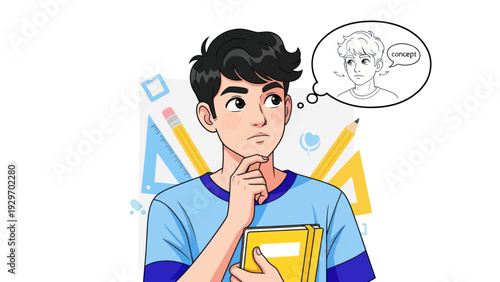 Young man pondering a concept with illustration and school supplies