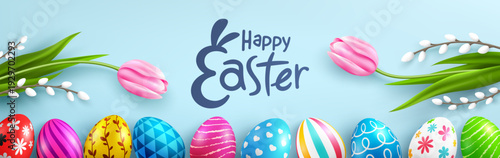 Happy Easter greeting with a line of beautifully decorated eggs and vibrant tulips, set against a soft blue background, offering a cheerful and springtime Easter design.