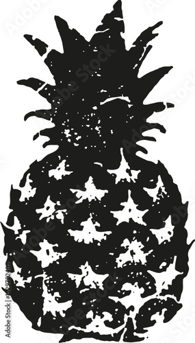 Black silhouette of a pineapple with textured details and spiky leaves on white background