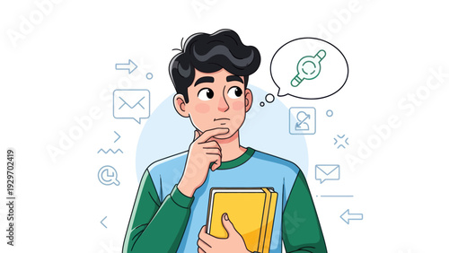 Young man pondering a concept with thought bubble and symbolic visual