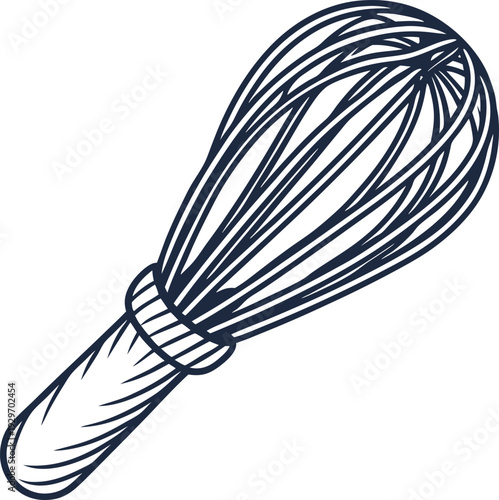 Hand drawn kitchen whisk illustration, cooking utensil with wooden handle, baking and mixing tool design