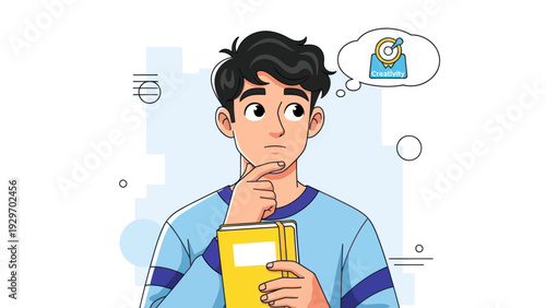 Young man pondering a concept with thought bubble and target illustration