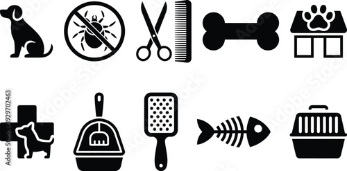 A collection of icons representing various aspects of pet care and grooming.