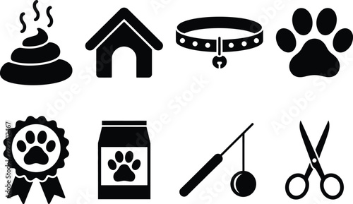 Essential items and symbols representing pet care and grooming activities