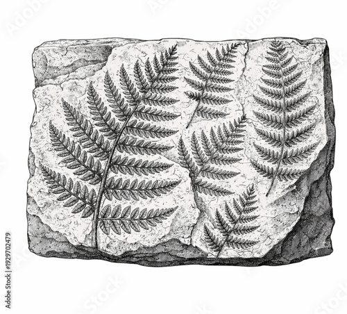 Fossil Fern Imprint on Stone Slab Vintage Engraved Paleobotany Illustration Isolated on White