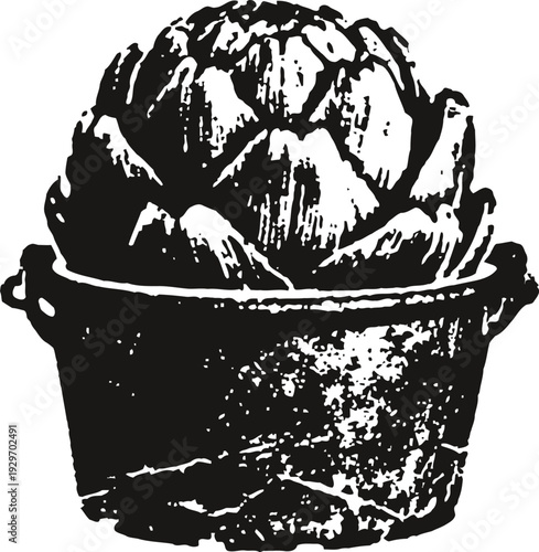 Vintage artichoke vegetable illustration in rustic cooking pot, engraved botanical design