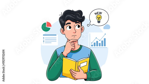 Young man pondering over a book imagining new ideas and business growth