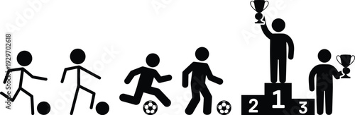 Illustration of stick figures playing soccer and winning a trophy on a podium