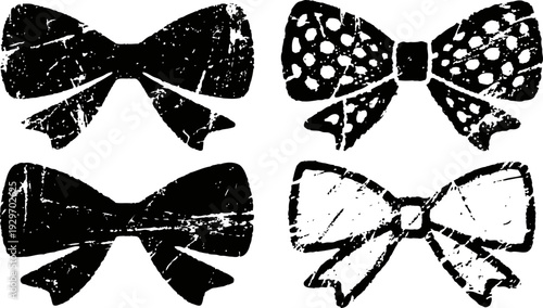 Vintage distressed black and white bow tie silhouettes set, grunge decorative fashion elements