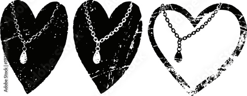 Grunge heart silhouettes with chain and pendant necklace design, romantic love symbols
