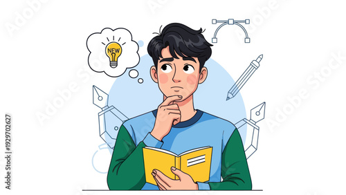 Young man pondering over a book imagining creative ideas with tools