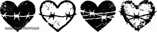black hearts with barbed wire silhouette icons isolated on white background