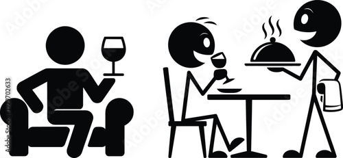 A stylized depiction of a waiter serving a customer at a restaurant.