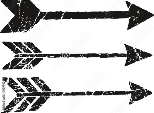 Set of three grunge black arrows in different styles, direction symbols with distressed texture