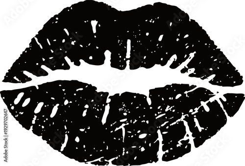 Black lipstick print grunge textured kiss mark with cracked and worn details sensual lip pattern design