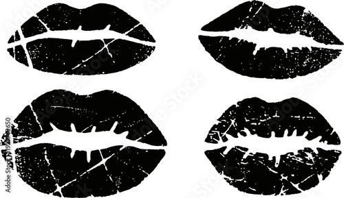 Black lipstick kiss marks with distressed texture isolated on white background