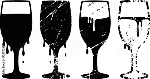 dripping liquid silhouettes of four different wine glasses with grunge texture, black and white design