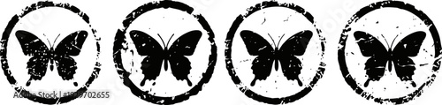 grunge butterfly stamps set in circular frames on white background, vintage ink impression