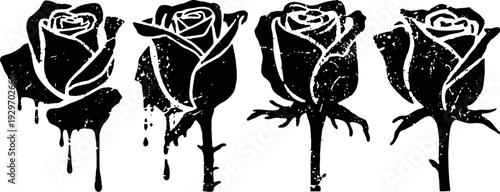 black grunge roses with dripping ink effect in silhouette style, floral tattoo and alternative art design