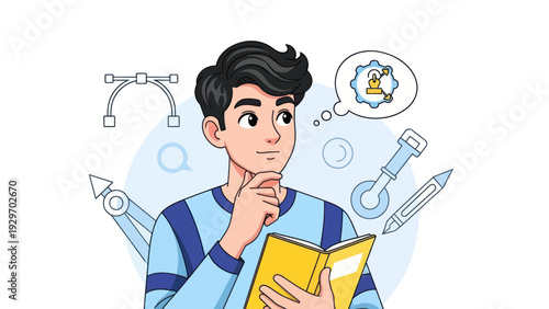 Young man pondering over a book surrounded by design and technology elements