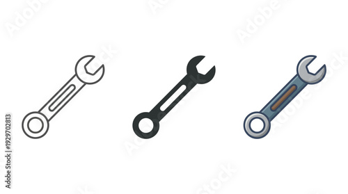 Adjustable Wrench Icons in Various Styles Isolated on White Background